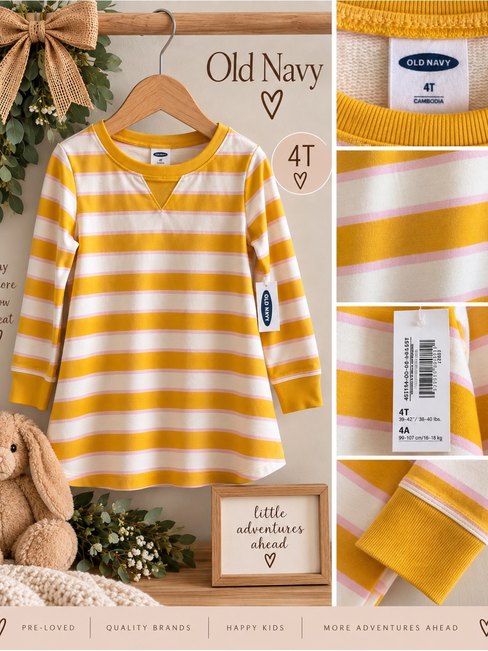 NWT Old Navy Girls 4T Yellow White Striped Long Sleeve Dress